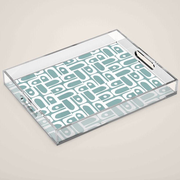 Mid Century Modern Piquet Multi Geometric Pattern Vintage Blue Spruce and White Acrylic Tray Gallery Image 1