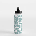 Mid Century Modern Piquet Multi Geometric Pattern Vintage Blue Spruce and White Water Bottle Gallery Image 3