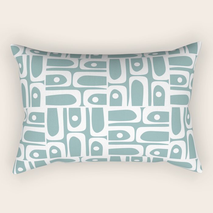 Mid Century Modern Piquet Multi Geometric Pattern Vintage Blue Spruce and White Rectangular Pillow Gallery Image 1