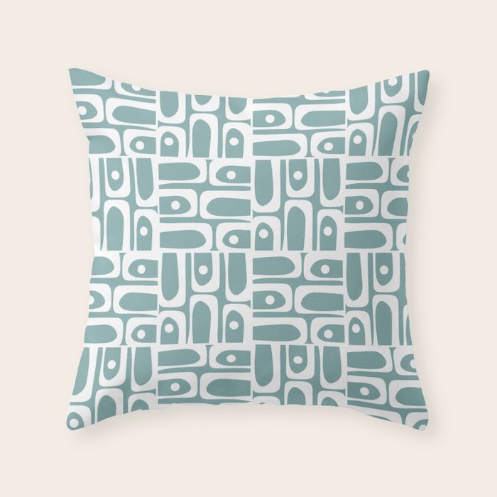 Mid Century Modern Piquet Multi Geometric Pattern Vintage Blue Spruce and White Throw Pillow Gallery Image 1