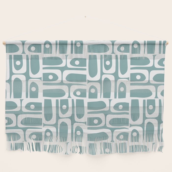 Mid Century Modern Piquet Multi Geometric Pattern Vintage Blue Spruce and White Wall Hanging Gallery Image 1