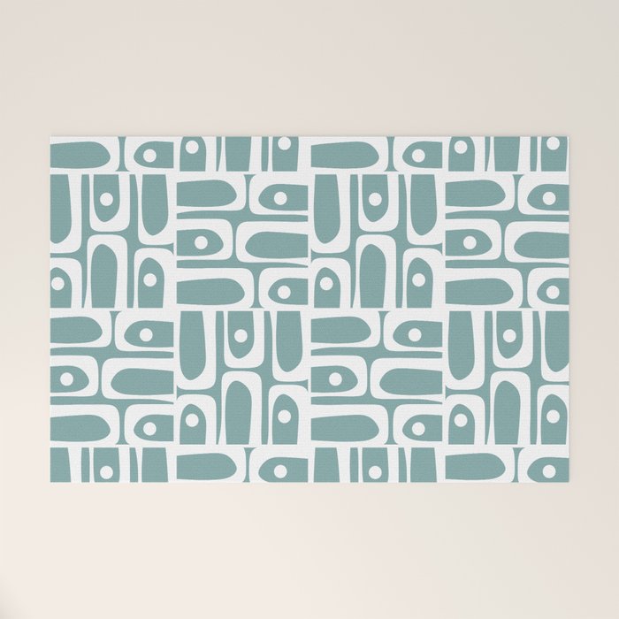 Mid Century Modern Piquet Multi Geometric Pattern Vintage Blue Spruce and White Welcome Mat Gallery Image 1