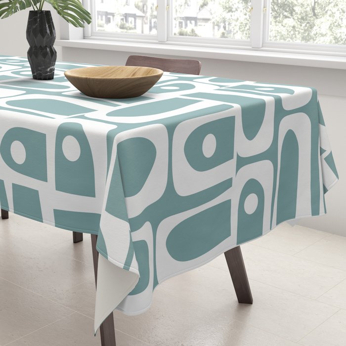 Mid Century Modern Piquet Multi Geometric Pattern Vintage Blue Spruce and White Tablecloth Gallery Image 3