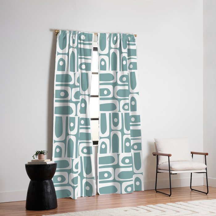 Mid Century Modern Piquet Multi Geometric Pattern Vintage Blue Spruce and White Window Curtain Gallery Image 6