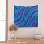 Retro Abstract Pattern Wavy Loops Contemporary Pop Art in Bold Blue Wall Tapestry Gallery Image 2