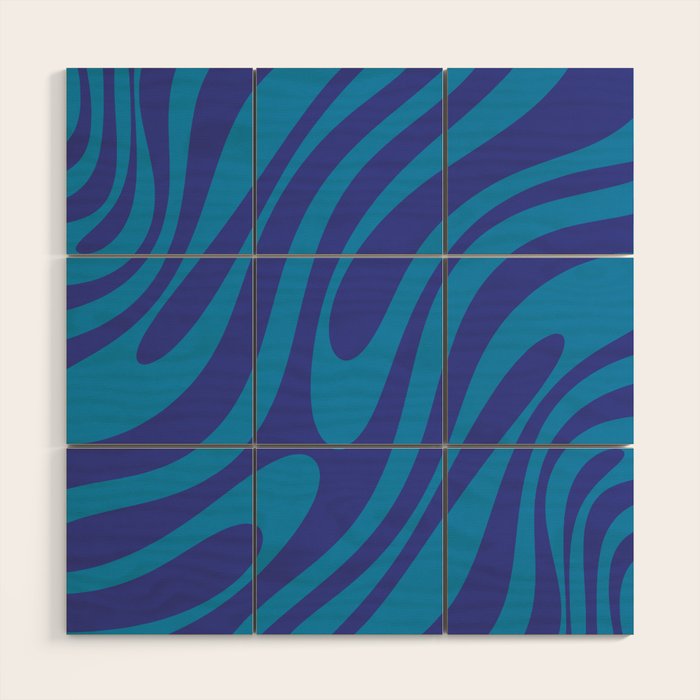 Retro Abstract Pattern Wavy Loops Contemporary Pop Art in Bold Blue Wood Wall Art Gallery Image 1
