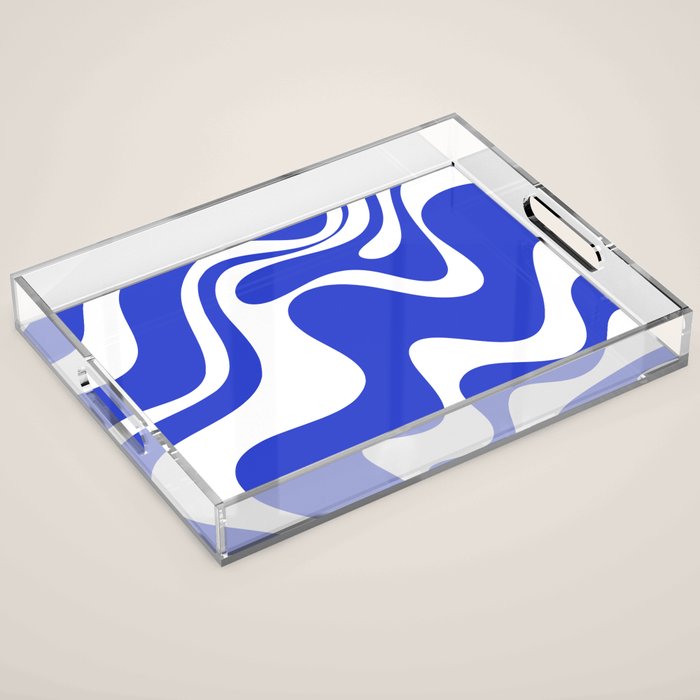 Retro Liquid Swirl Contemporary Abstract Pattern 2 in Cobalt Blue and White Acrylic Tray Gallery Image 1