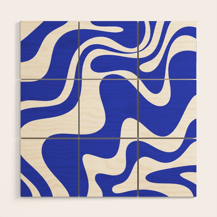 Retro Liquid Swirl Contemporary Abstract Pattern 2 in Cobalt Blue and White Wood Wall Art Gallery Image 1
