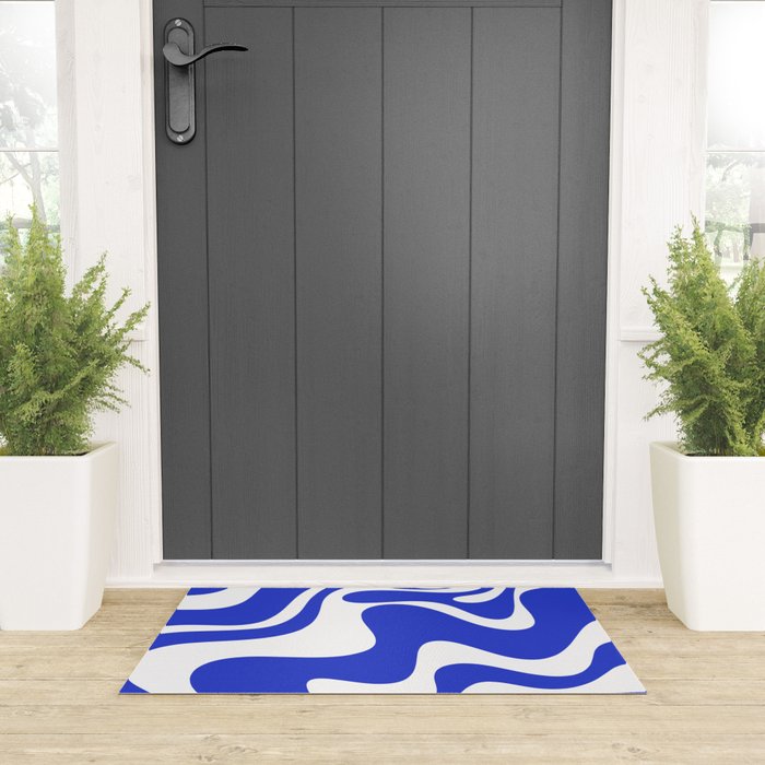 Retro Liquid Swirl Contemporary Abstract Pattern 2 in Cobalt Blue and White Welcome Mat Gallery Image 3