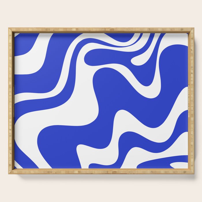 Retro Liquid Swirl Contemporary Abstract Pattern 2 in Cobalt Blue and White Serving Tray Gallery Image 1