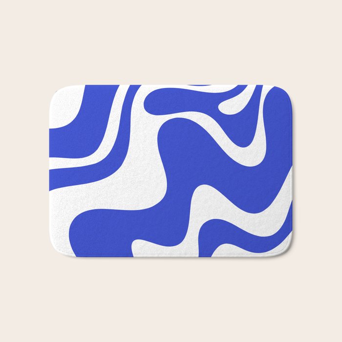 Retro Liquid Swirl Contemporary Abstract Pattern 2 in Cobalt Blue and White Bath Mat Gallery Image 1
