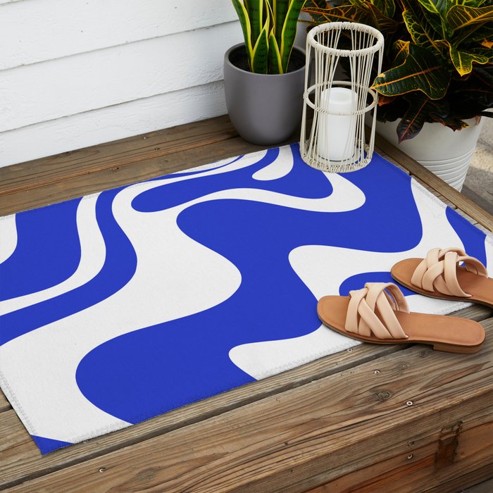Retro Liquid Swirl Contemporary Abstract Pattern 2 in Cobalt Blue and White Outdoor Rug Gallery Image 2
