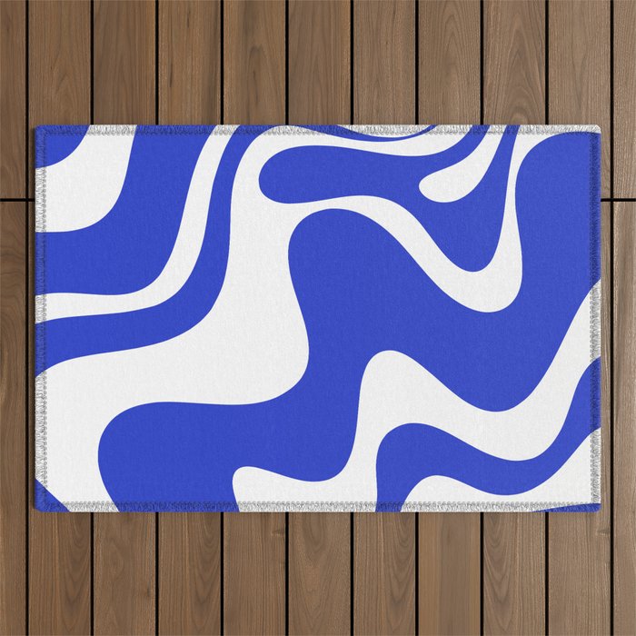 Retro Liquid Swirl Contemporary Abstract Pattern 2 in Cobalt Blue and White Outdoor Rug Gallery Image 1
