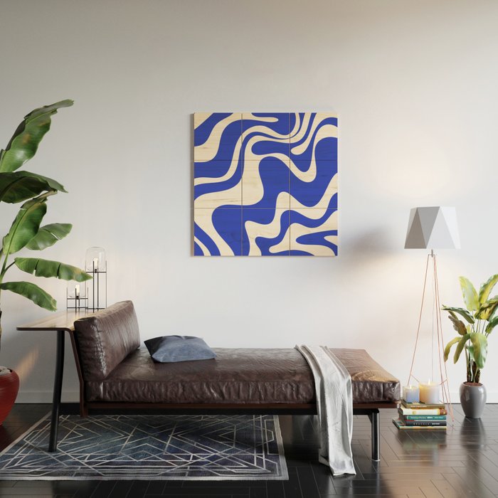 Retro Liquid Swirl Contemporary Abstract Pattern 2 in Cobalt Blue and White Wood Wall Art Gallery Image 2