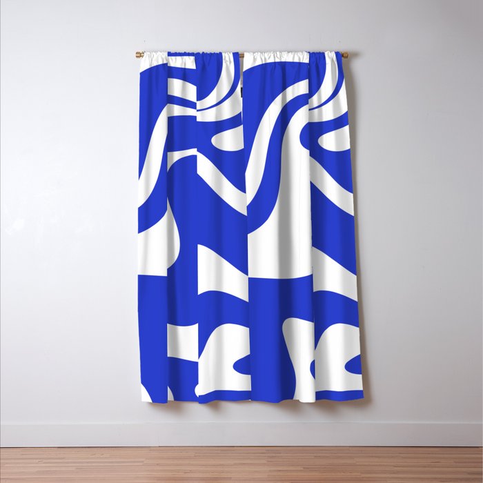 Retro Liquid Swirl Contemporary Abstract Pattern 2 in Cobalt Blue and White Window Curtain Gallery Image 3