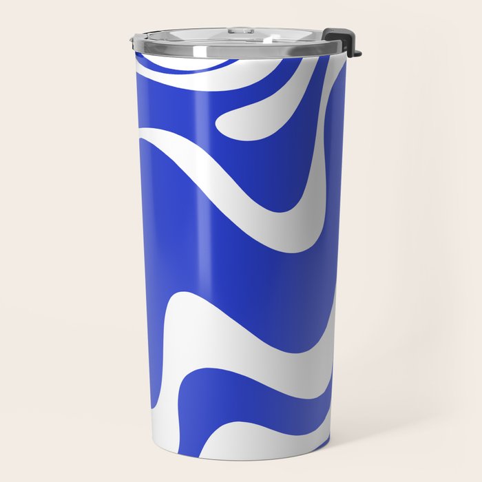 Retro Liquid Swirl Contemporary Abstract Pattern 2 in Cobalt Blue and White Travel Mug Gallery Image 2
