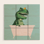 Playful T-Rex in Bathtub in Green Wood Wall Art Gallery Image 1