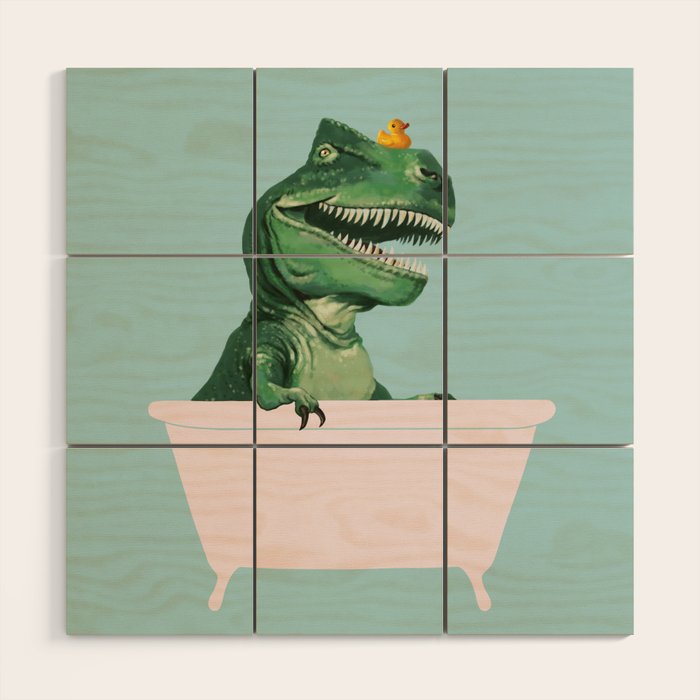 Playful T-Rex in Bathtub in Green Wood Wall Art Gallery Image 1