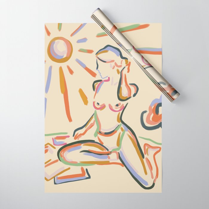 Self Love, Abstract Bohemian Woman Line Art, Feminism Boho Eclectic Beach Summer Sunny Reader Wrapping Paper Gallery Image 1