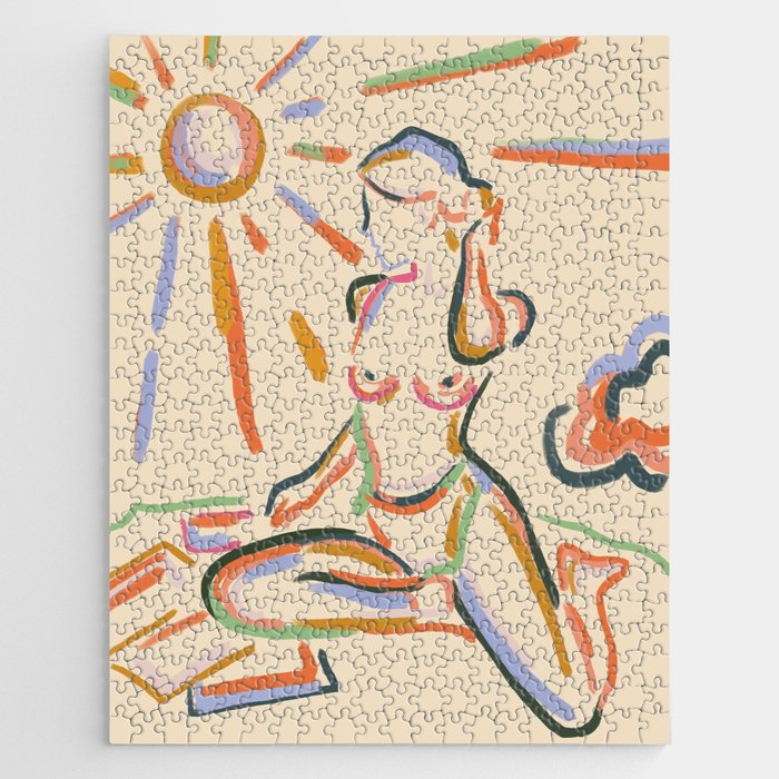 Self Love, Abstract Bohemian Woman Line Art, Feminism Boho Eclectic Beach Summer Sunny Reader Jigsaw Puzzle Gallery Image 1