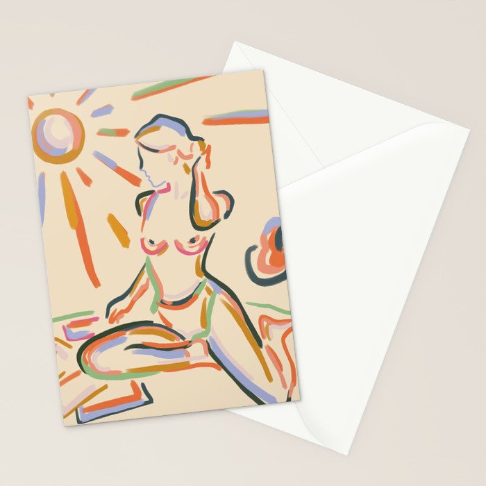 Self Love, Abstract Bohemian Woman Line Art, Feminism Boho Eclectic Beach Summer Sunny Reader Stationery Card Gallery Image 2