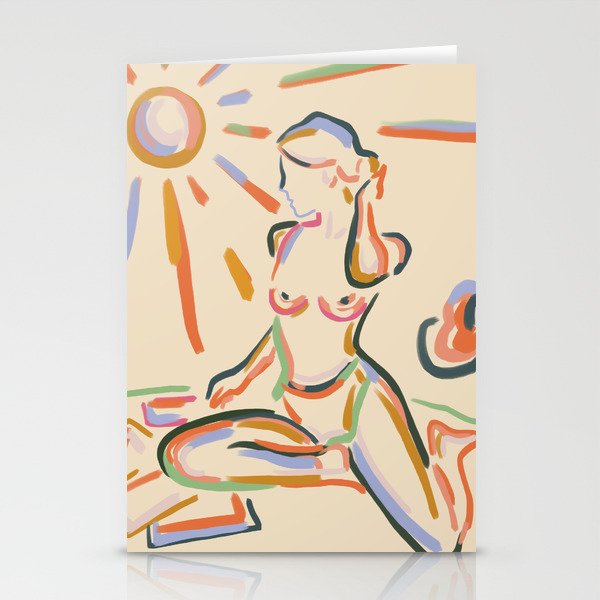 Self Love, Abstract Bohemian Woman Line Art, Feminism Boho Eclectic Beach Summer Sunny Reader Stationery Card Gallery Image 1