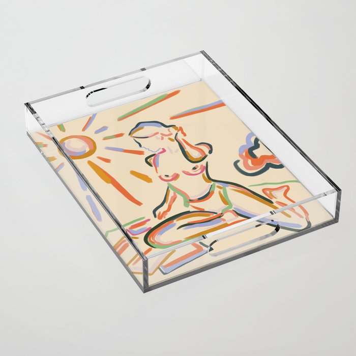 Self Love, Abstract Bohemian Woman Line Art, Feminism Boho Eclectic Beach Summer Sunny Reader Acrylic Tray Gallery Image 1
