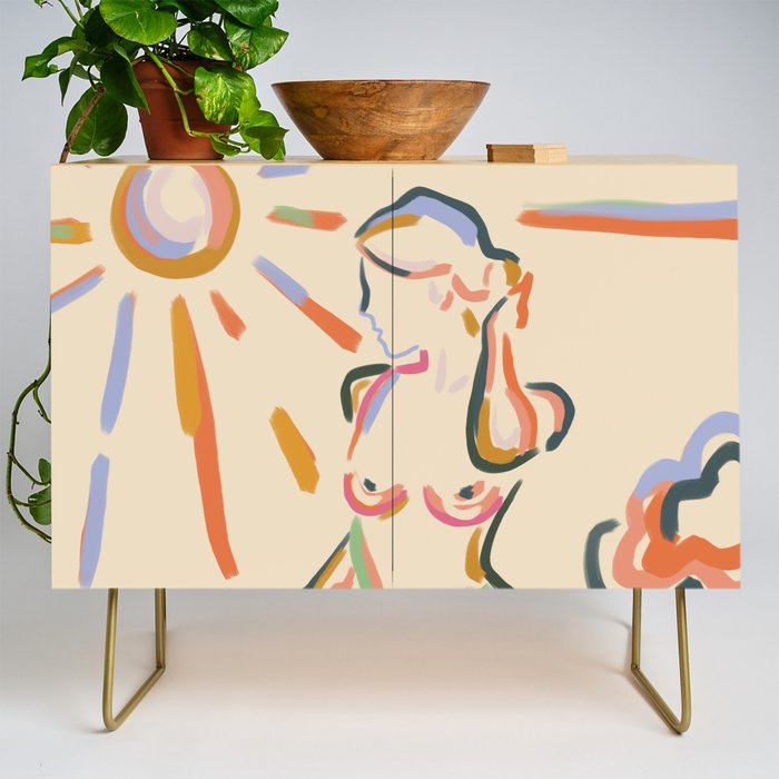 Self Love, Abstract Bohemian Woman Line Art, Feminism Boho Eclectic Beach Summer Sunny Reader Credenza Gallery Image 1