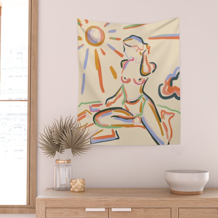 Self Love, Abstract Bohemian Woman Line Art, Feminism Boho Eclectic Beach Summer Sunny Reader Wall Tapestry Gallery Image 2
