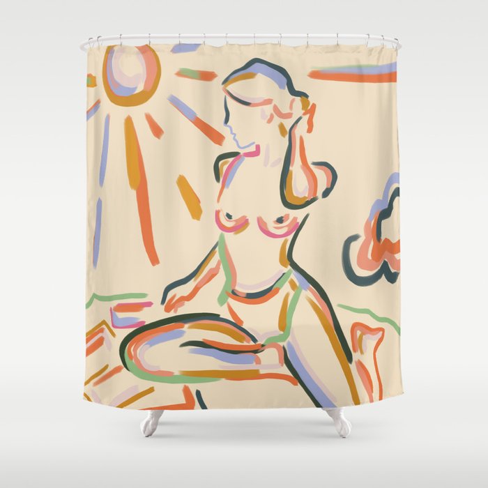 Self Love, Abstract Bohemian Woman Line Art, Feminism Boho Eclectic Beach Summer Sunny Reader Shower Curtain Gallery Image 1