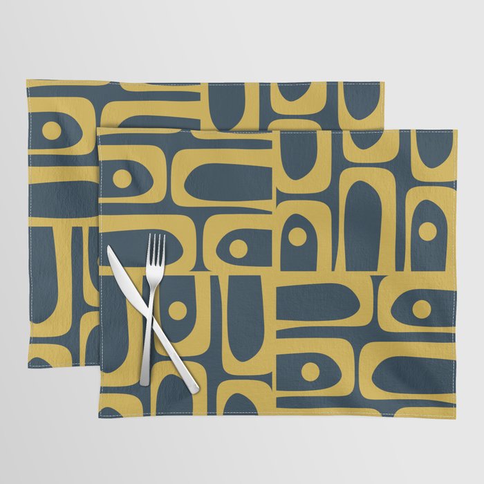 Mid Century Modern Abstract Light Mustard and Dark Navy Blue Piquet Multi Pattern Placemat Gallery Image 1