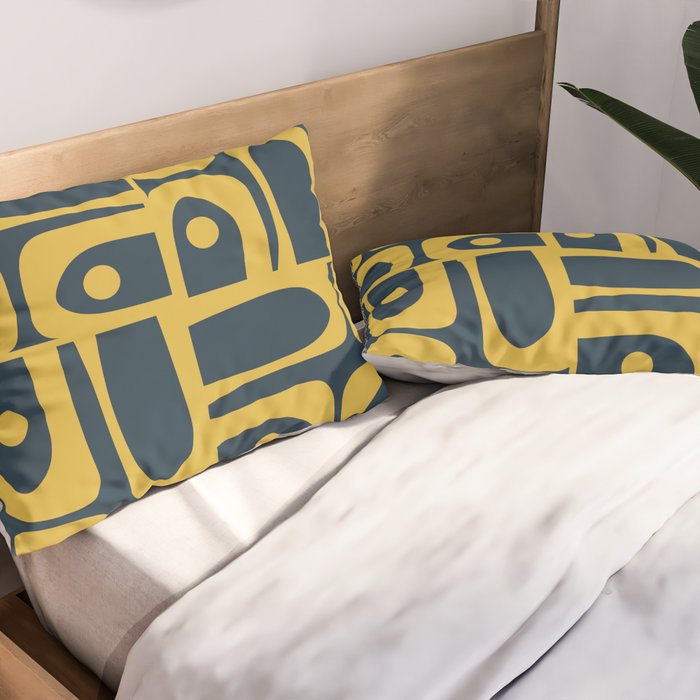 Mid Century Modern Abstract Light Mustard and Dark Navy Blue Piquet Multi Pattern Pillow Sham Gallery Image 2