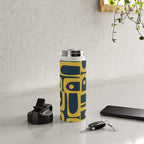 Mid Century Modern Abstract Light Mustard and Dark Navy Blue Piquet Multi Pattern Water Bottle Gallery Image 4