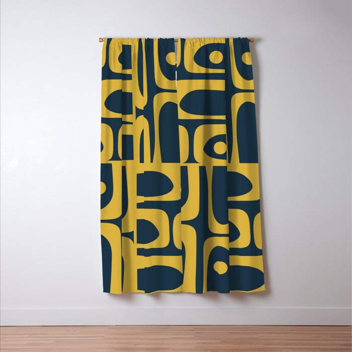 Mid Century Modern Abstract Light Mustard and Dark Navy Blue Piquet Multi Pattern Window Curtain Gallery Image 3