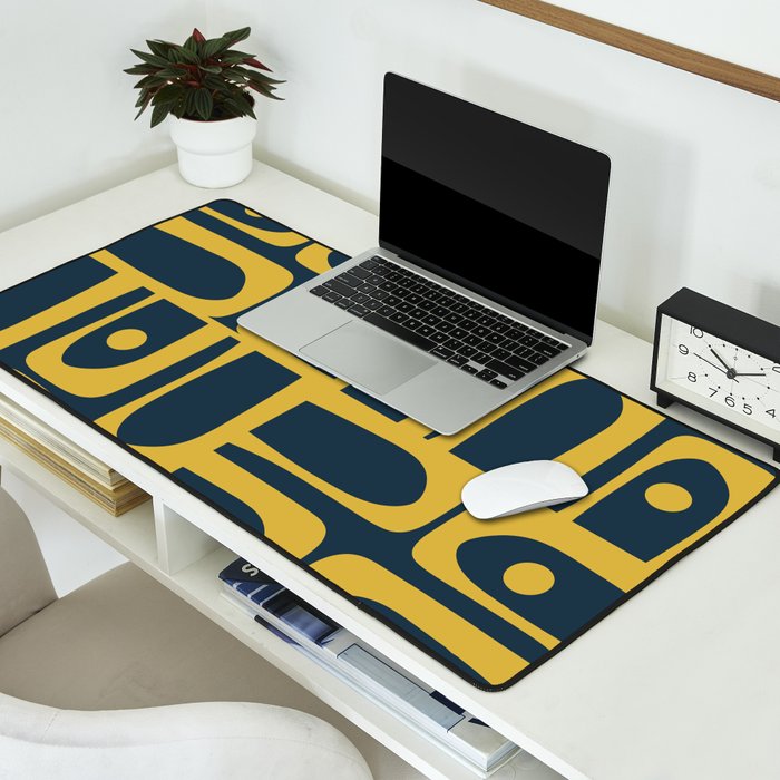 Mid Century Modern Abstract Light Mustard and Dark Navy Blue Piquet Multi Pattern Desk Mat Gallery Image 2