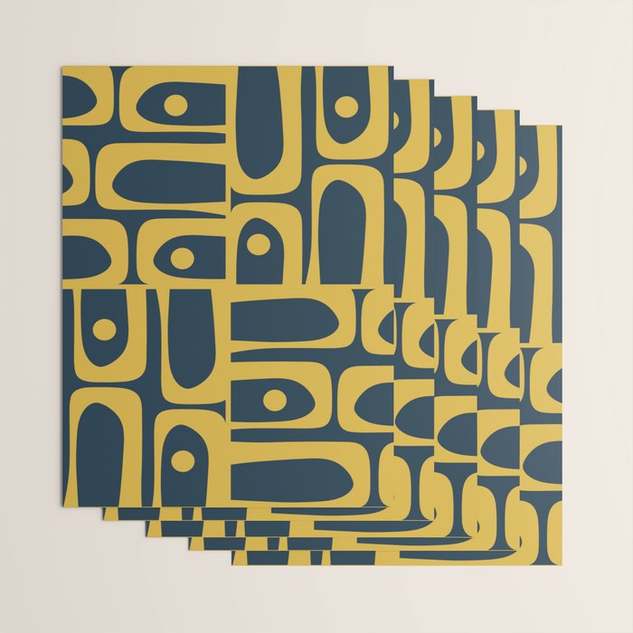 Mid Century Modern Abstract Light Mustard and Dark Navy Blue Piquet Multi Pattern Wrapping Paper Gallery Image 3