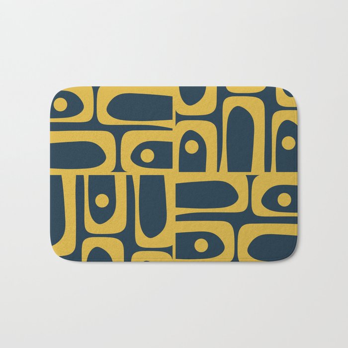 Mid Century Modern Abstract Light Mustard and Dark Navy Blue Piquet Multi Pattern Bath Mat Gallery Image 1