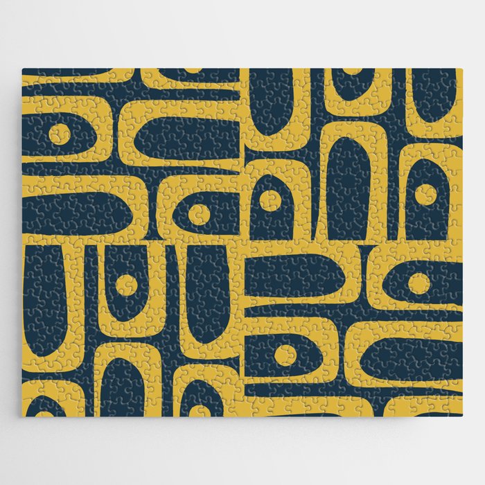 Mid Century Modern Abstract Light Mustard and Dark Navy Blue Piquet Multi Pattern Jigsaw Puzzle Gallery Image 1