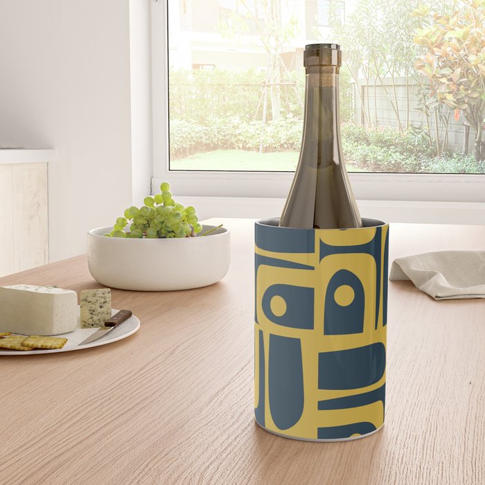 Mid Century Modern Abstract Light Mustard and Dark Navy Blue Piquet Multi Pattern Wine Chiller Gallery Image 4