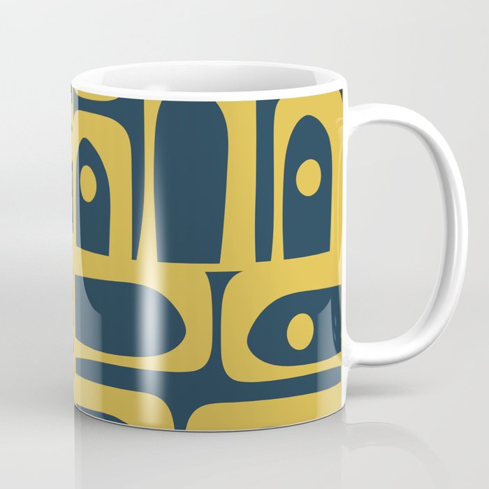 Mid Century Modern Abstract Light Mustard and Dark Navy Blue Piquet Multi Pattern Coffee Mug Gallery Image 1