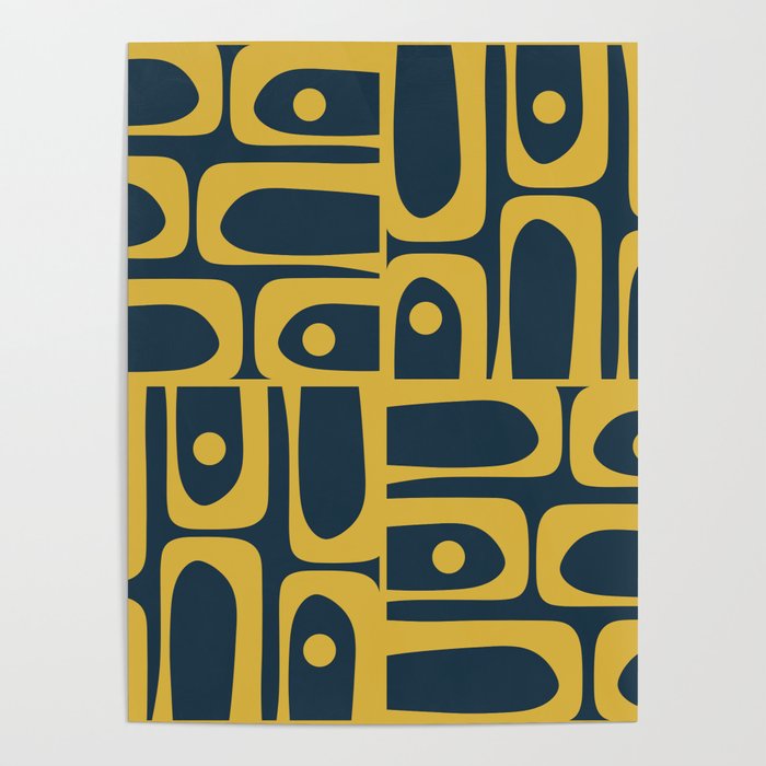 Mid Century Modern Abstract Light Mustard and Dark Navy Blue Piquet Multi Pattern Poster Gallery Image 1
