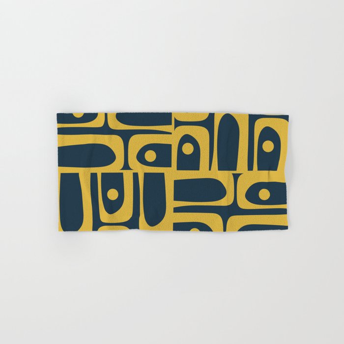 Mid Century Modern Abstract Light Mustard and Dark Navy Blue Piquet Multi Pattern Bath Towel Gallery Image 1