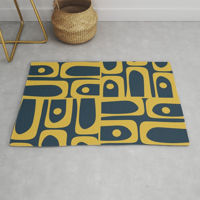 Mid Century Modern Abstract Light Mustard and Dark Navy Blue Piquet Multi Pattern Rug Gallery Image 1