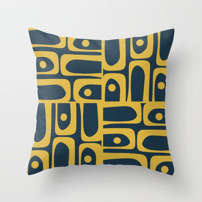 Mid Century Modern Abstract Light Mustard and Dark Navy Blue Piquet Multi Pattern Throw Pillow Gallery Image 1