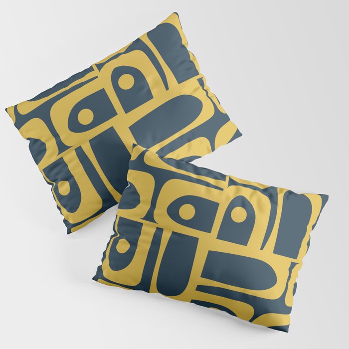 Mid Century Modern Abstract Light Mustard and Dark Navy Blue Piquet Multi Pattern Pillow Sham Gallery Image 3