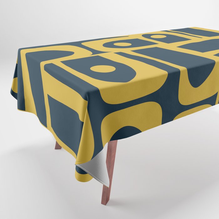 Mid Century Modern Abstract Light Mustard and Dark Navy Blue Piquet Multi Pattern Tablecloth Gallery Image 1