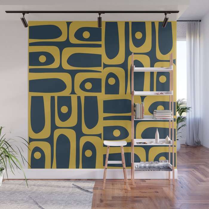 Mid Century Modern Abstract Light Mustard and Dark Navy Blue Piquet Multi Pattern Wall Mural Gallery Image 1