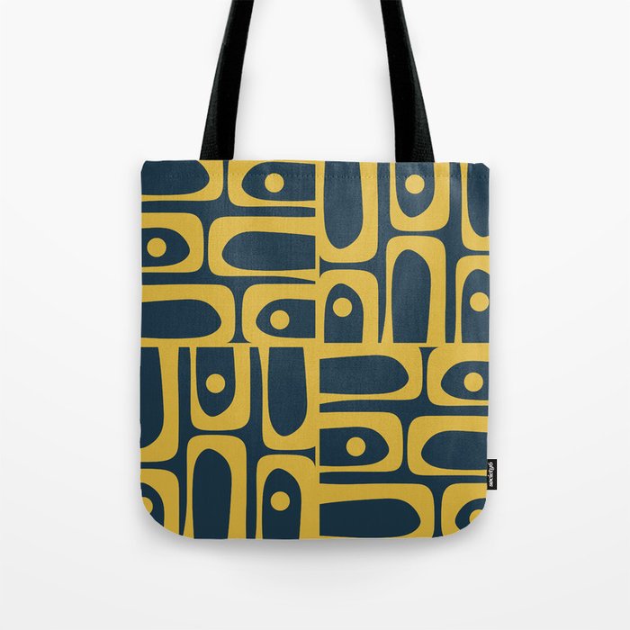 Mid Century Modern Abstract Light Mustard and Dark Navy Blue Piquet Multi Pattern Tote Bag Gallery Image 1