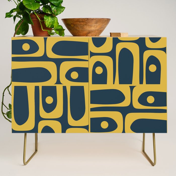 Mid Century Modern Abstract Light Mustard and Dark Navy Blue Piquet Multi Pattern Credenza Gallery Image 1