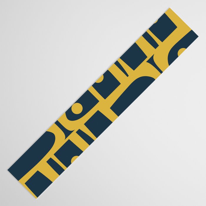 Mid Century Modern Abstract Light Mustard and Dark Navy Blue Piquet Multi Pattern Table Runner Gallery Image 3